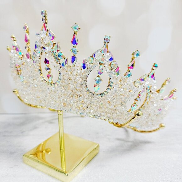 Gold Princess Crown, Prom headpiece, Bridal tiara, Diamond Crystal wedding crown main image 6